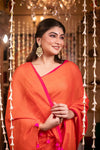 Mastaani ~ Pure Mul Cotton Handloom Saree - Saphire Orange - verymuchindian.com