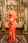 Mastaani ~ Pure Mul Cotton Handloom Saree with Beautiful Floral Handpaint ~ Orange - verymuchindian.com