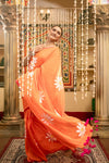 Mastaani ~ Pure Mul Cotton Handloom Saree with Beautiful Floral Handpaint ~ Orange - verymuchindian.com