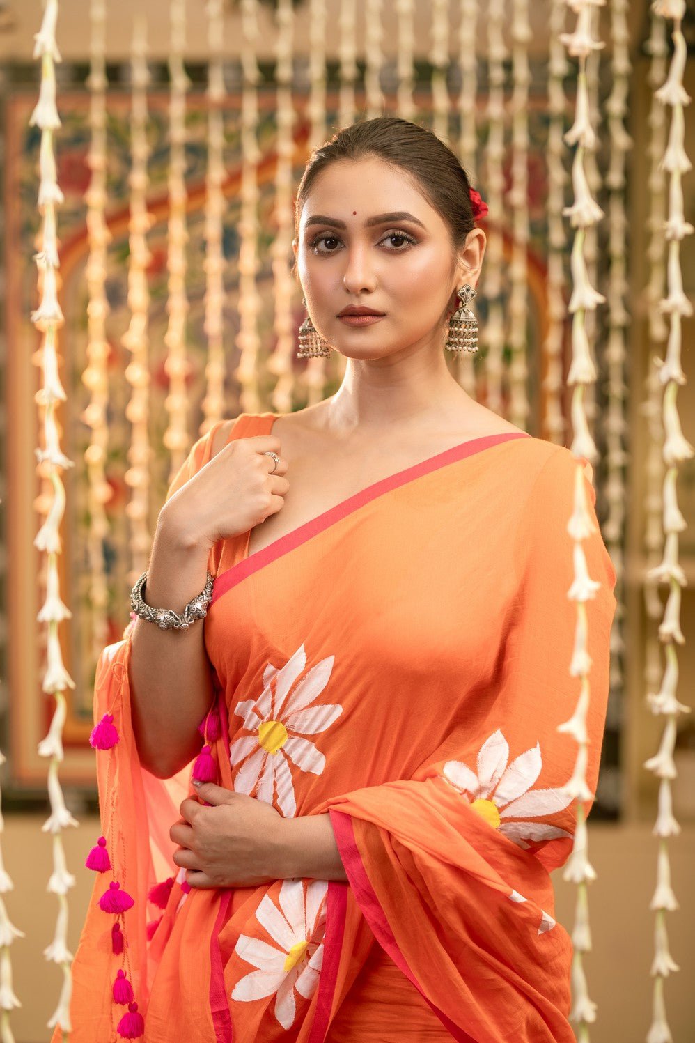 Mastaani ~ Pure Mul Cotton Handloom Saree with Beautiful Floral Handpaint ~ Orange - verymuchindian.com