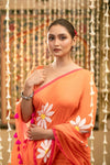 Mastaani ~ Pure Mul Cotton Handloom Saree with Beautiful Floral Handpaint ~ Orange - verymuchindian.com