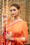 Mastaani ~ Pure Mul Cotton Handloom Saree with Beautiful Floral Handpaint ~ Orange - verymuchindian.com