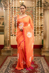 Mastaani ~ Pure Mul Cotton Handloom Saree with Beautiful Floral Handpaint ~ Orange - verymuchindian.com
