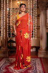 Mastaani ~ Pure Mul Cotton Handloom Saree with Beautiful Floral Handpaint ~ Red - verymuchindian.com