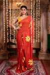 Mastaani ~ Pure Mul Cotton Handloom Saree with Beautiful Floral Handpaint ~ Red - verymuchindian.com