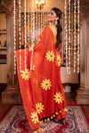 Mastaani ~ Pure Mul Cotton Handloom Saree with Beautiful Floral Handpaint ~ Red - verymuchindian.com