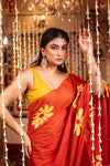 Mastaani ~ Pure Mul Cotton Handloom Saree with Beautiful Floral Handpaint ~ Red - verymuchindian.com