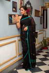 Mastaani ~ Pure Mul Cotton Handloom Saree with Beautiful Floral Weaves ~ Black - verymuchindian.com