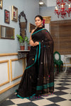 Mastaani ~ Pure Mul Cotton Handloom Saree with Beautiful Floral Weaves ~ Black - verymuchindian.com