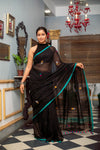 Mastaani ~ Pure Mul Cotton Handloom Saree with Beautiful Floral Weaves ~ Black - verymuchindian.com