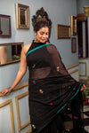 Mastaani ~ Pure Mul Cotton Handloom Saree with Beautiful Floral Weaves ~ Black - verymuchindian.com