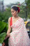 Mastaani ~ Pure Mul Cotton Handloom Saree with Beautiful Heart Prints ~ Red - verymuchindian.com