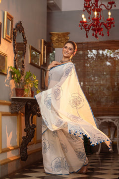 Mastaani ~ Pure Mul Cotton Handloom Saree with Beautiful Rose Prints ~ Blue - verymuchindian.com