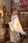 Mastaani ~ Pure Mul Cotton Handloom Saree with Beautiful Rose Prints ~ Blue - verymuchindian.com