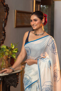 Mastaani ~ Pure Mul Cotton Handloom Saree with Beautiful Rose Prints ~ Blue - verymuchindian.com