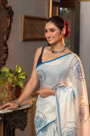 Mastaani ~ Pure Mul Cotton Handloom Saree with Beautiful Rose Prints ~ Blue - verymuchindian.com