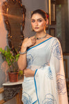 Mastaani ~ Pure Mul Cotton Handloom Saree with Beautiful Rose Prints ~ Blue - verymuchindian.com