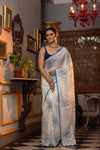 Mastaani ~ Pure Mul Cotton Handloom Saree with Beautiful Rose Prints ~ Blue - verymuchindian.com