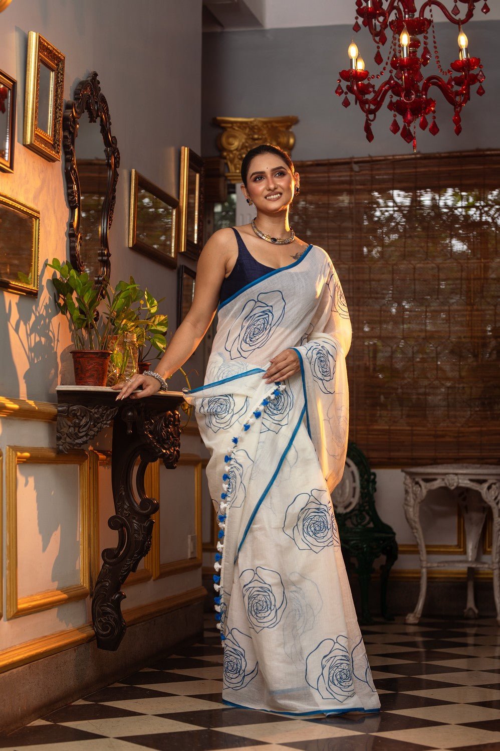 Mastaani ~ Pure Mul Cotton Handloom Saree with Beautiful Rose Prints ~ Blue - verymuchindian.com
