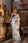 Mastaani ~ Pure Mul Cotton Handloom Saree with Beautiful Rose Prints ~ Blue - verymuchindian.com