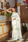 Mastaani ~ Pure Mul Cotton Handloom Saree with Beautiful Rose Prints ~ Green - verymuchindian.com