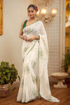 Mastaani ~ Pure Mul Cotton Handloom Saree with Beautiful Rose Prints ~ Green - verymuchindian.com