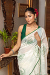 Mastaani ~ Pure Mul Cotton Handloom Saree with Beautiful Rose Prints ~ Green - verymuchindian.com