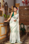 Mastaani ~ Pure Mul Cotton Handloom Saree with Beautiful Rose Prints ~ Green - verymuchindian.com