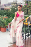 Mastaani ~ Pure Mul Cotton Handloom Saree with Beautiful Rose Prints ~ Pink - verymuchindian.com