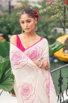 Mastaani ~ Pure Mul Cotton Handloom Saree with Beautiful Rose Prints ~ Pink - verymuchindian.com