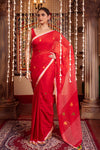 Mastaani ~ Pure Mul Jamdhani Cotton Handloom Saree with Beautiful Diamond Weaves ~ Red - verymuchindian.com