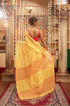 Mastaani ~ Pure Mul Jamdhani Cotton Handloom Saree with Beautiful Heart Weaves ~ Yellow - verymuchindian.com