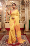 Mastaani ~ Pure Mul Jamdhani Cotton Handloom Saree with Beautiful Heart Weaves ~ Yellow - verymuchindian.com