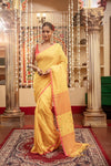 Mastaani ~ Pure Mul Jamdhani Cotton Handloom Saree with Beautiful Heart Weaves ~ Yellow - verymuchindian.com