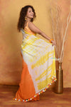 Mastaani ~ Tie & Dye Handloom Mul Cotton Saree - Yellow Orange - verymuchindian.com