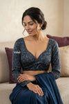 Midnight Blue Ajrakh Handblock Printed Modal Silk Blouse - verymuchindian.com