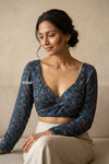 Midnight Blue Ajrakh Handblock Printed Modal Silk Blouse - verymuchindian.com