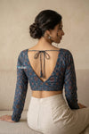Midnight Blue Ajrakh Handblock Printed Modal Silk Blouse - verymuchindian.com
