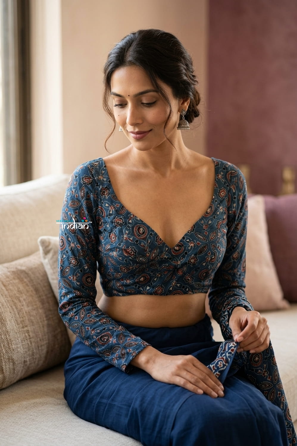 Midnight Blue Ajrakh Handblock Printed Modal Silk Blouse - verymuchindian.com