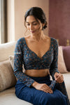 Midnight Blue Ajrakh Handblock Printed Modal Silk Blouse - verymuchindian.com
