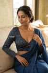Midnight Blue Ajrakh Handblock Printed Modal Silk Blouse - verymuchindian.com