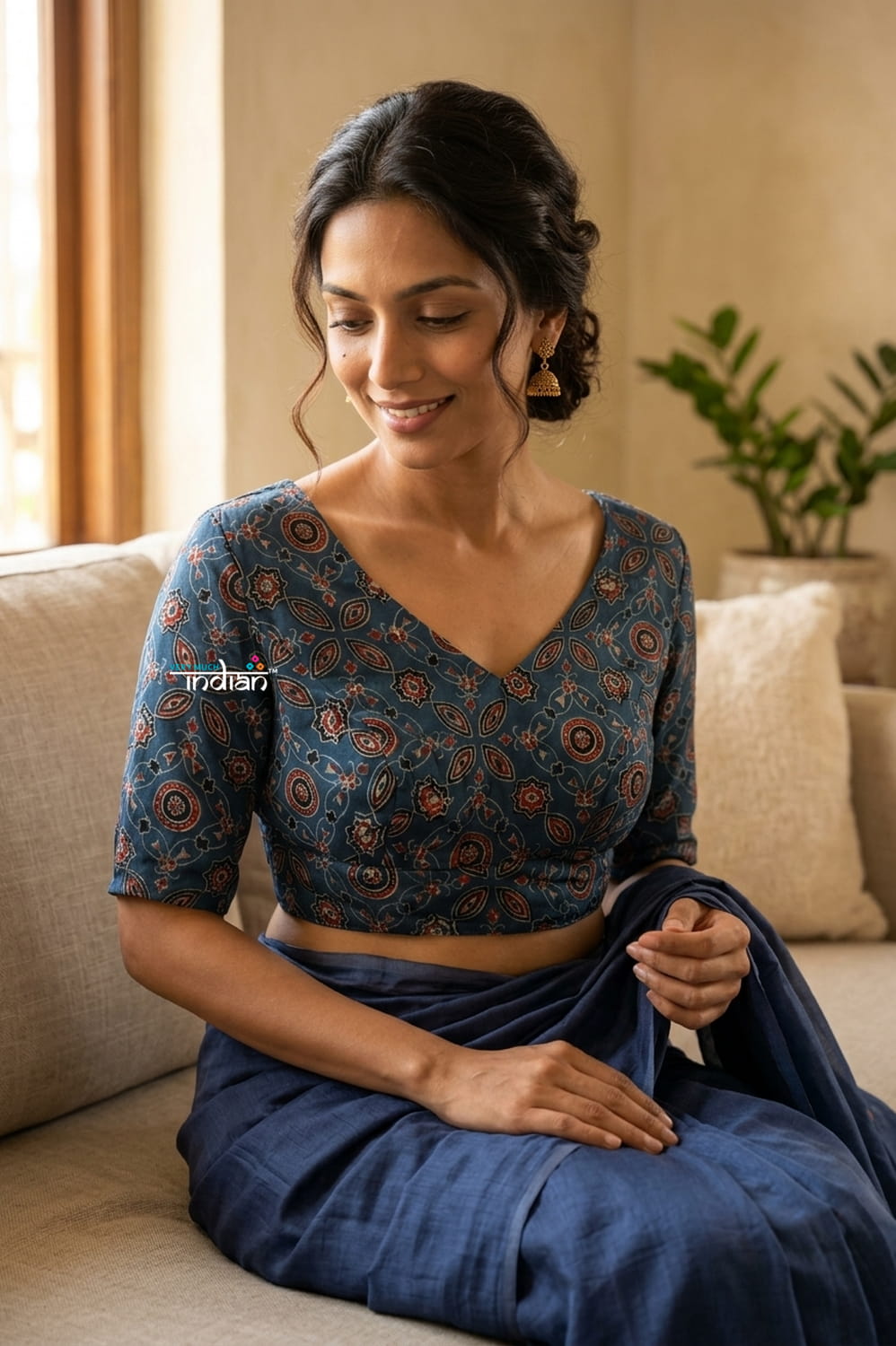 Midnight Blue Ajrakh Handblock Printed Modal Silk Blouse - verymuchindian.com