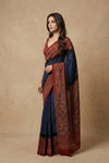 Mitti Ke Rang ~ Ajrakh Bandhani Handblock Printed Modal Silk Saree In Blue - verymuchindian.com