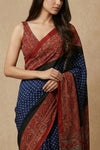 Mitti Ke Rang ~ Ajrakh Bandhani Handblock Printed Modal Silk Saree In Blue - verymuchindian.com