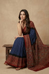 Mitti Ke Rang ~ Ajrakh Bandhani Handblock Printed Modal Silk Saree In Blue - verymuchindian.com