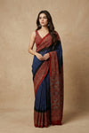 Mitti Ke Rang ~ Ajrakh Bandhani Handblock Printed Modal Silk Saree In Blue - verymuchindian.com