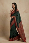 Mitti Ke Rang ~ Ajrakh Bandhani Handblock Printed Modal Silk Saree In Green - verymuchindian.com