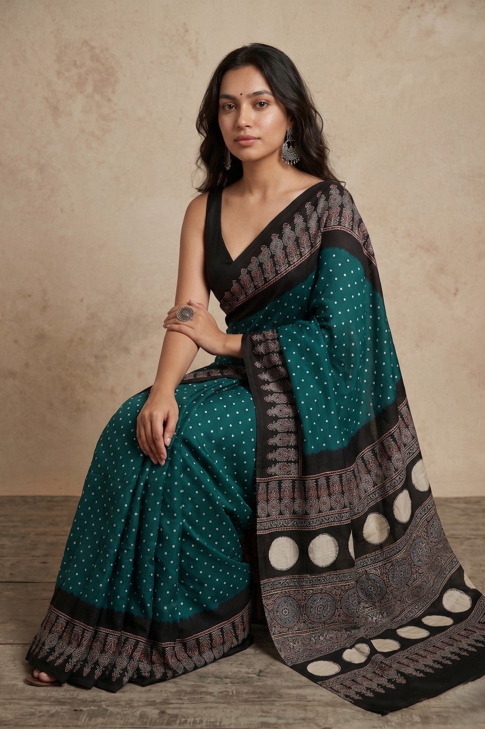 Mitti Ke Rang ~ Ajrakh Bandhani Handblock Printed Modal Silk Saree In Peacock Green - verymuchindian.com