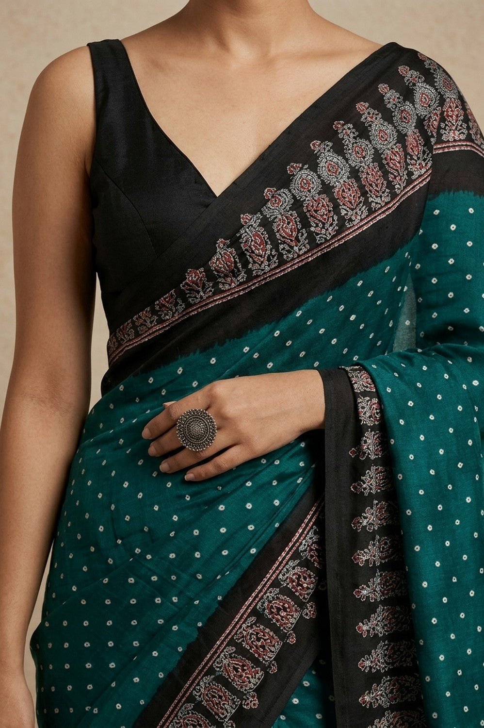 Mitti Ke Rang ~ Ajrakh Bandhani Handblock Printed Modal Silk Saree In Peacock Green - verymuchindian.com
