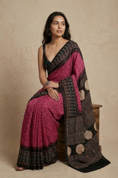 Mitti Ke Rang ~ Ajrakh Bandhani Handblock Printed Modal Silk Saree In Pink - verymuchindian.com